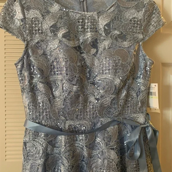 Alex Evening Women A-line Stretch Embroidered Dress with Tie Belt. - Picture 3 of 7